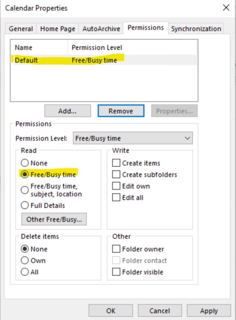 Default calendar permissions settings in Outlook