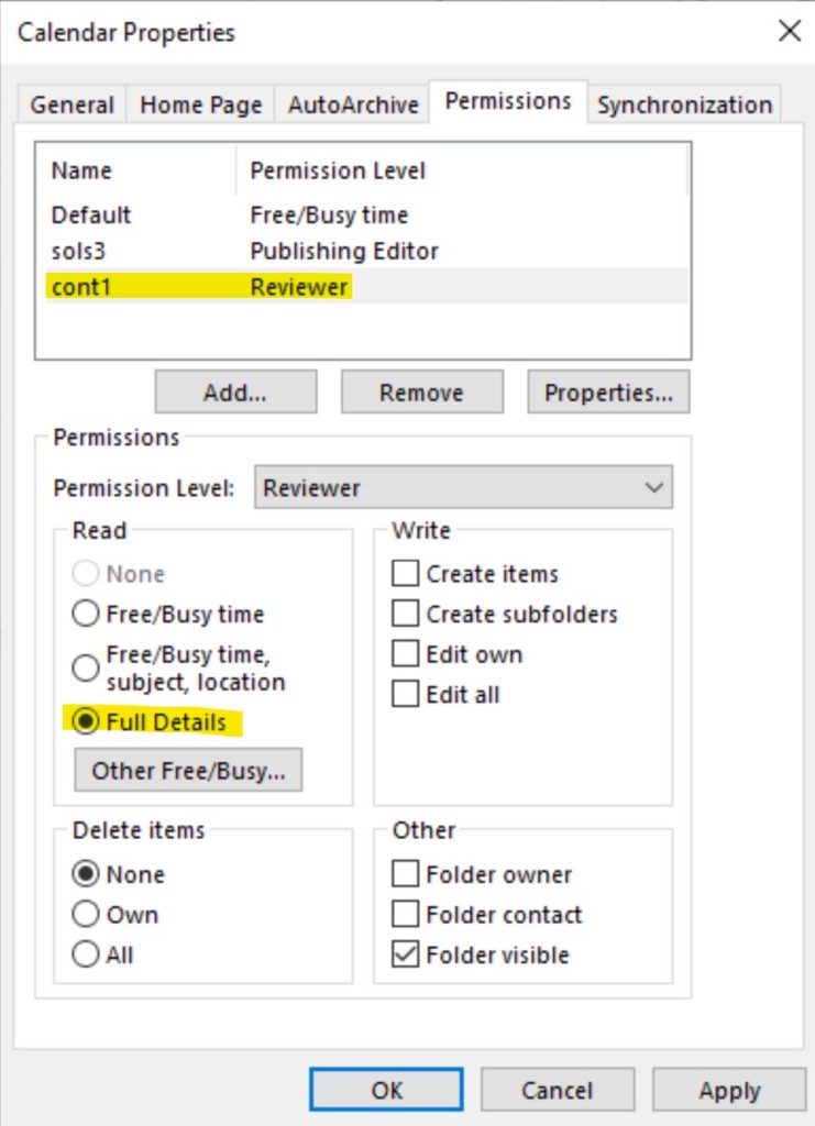 Calendar permissions settings in Outlook